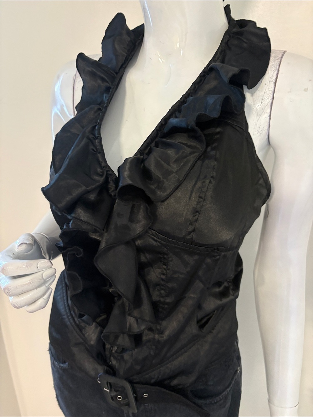 Freeway Brand Black Satin Ruffle Belted Halter Top Neck Tie Hook Front Closures
